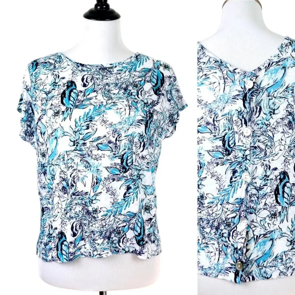 Tahari Size S Linen Slub Knit Tee Button Back Birds Flower Blue White